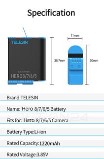 Аккумулятор для GoPro Hero 8, 7, 6, 5 Telesin 1220mAh #9