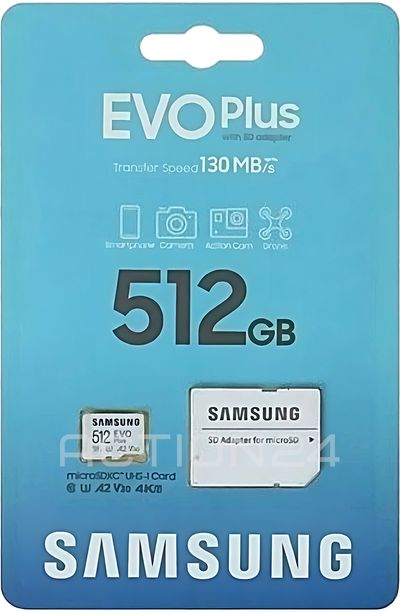Карта памяти microSDXC Samsung EVO Plus 512GB с адаптером (130 Mb/s) U3 A2 V30